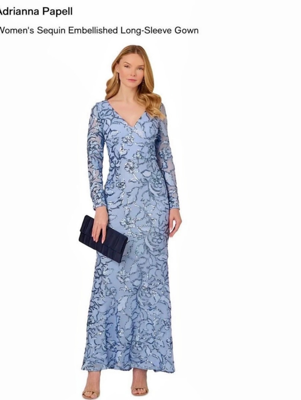 Adrianna Papell Women's Sequin Embellished Long-Sleeve Gown Blue